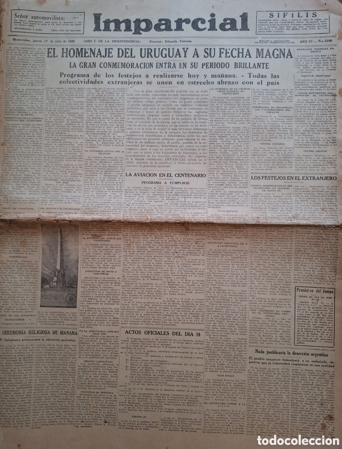Sammelleidenschaft Sport: EJEMPLAR DIARIO IMPARCIAL 17 JULIO 1930 NOTAS CAMPEONATO MUNDIAL FUTBOL