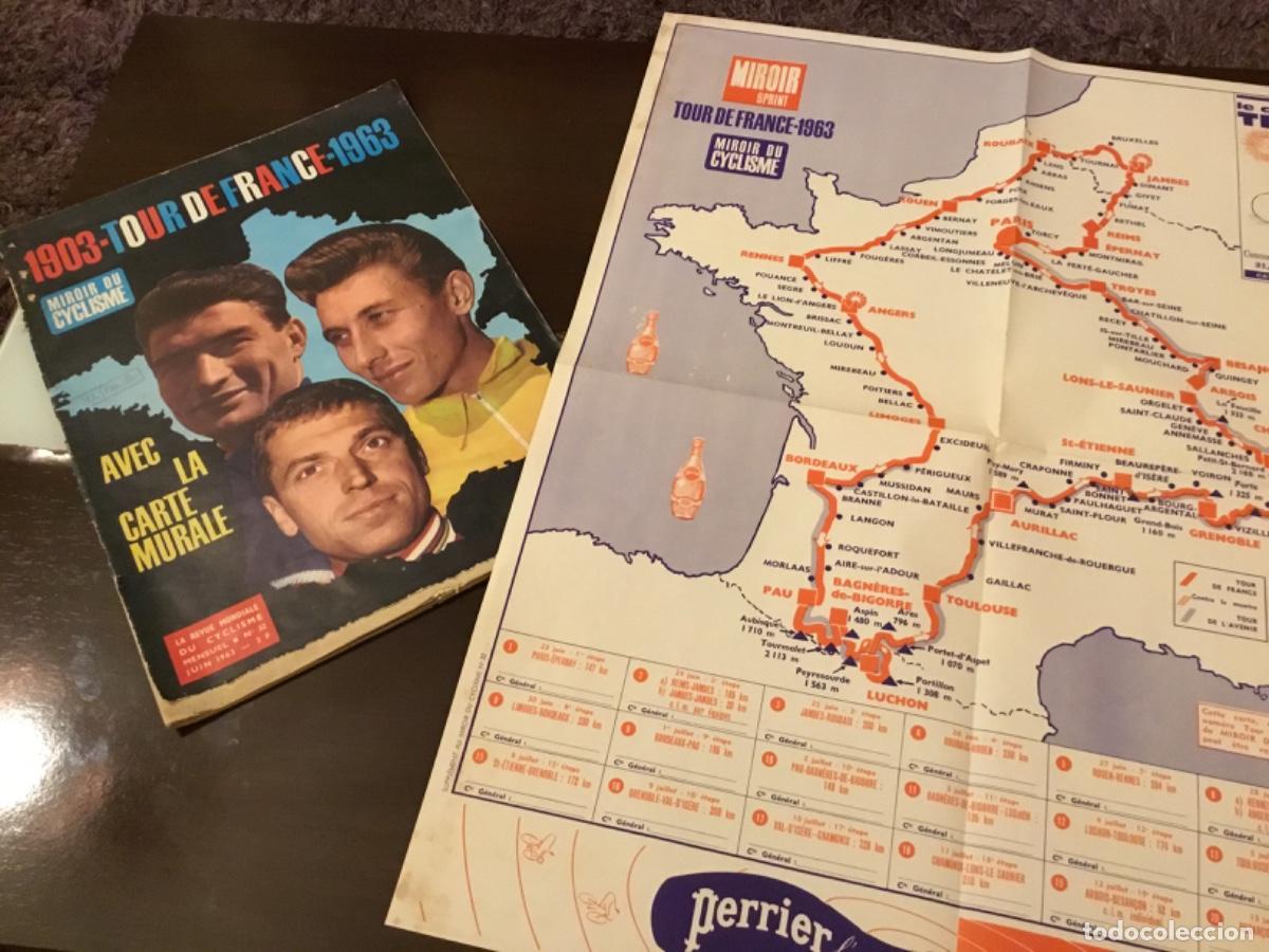 Collectionnisme sportif: miroir du cyclisme, tour france 1963 , con el mapa cartel del tour, revista francesa de ciclismo