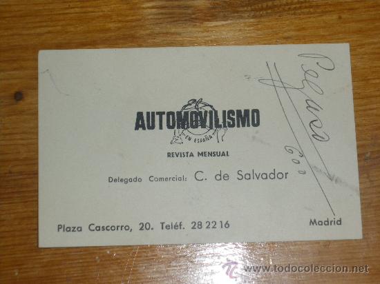 Cars: EL AUTOMOVILISMO EN ESPA&Ntilde;A, REVISTA MENSUAL. TARJETA DEL DELEGADO COMERCIAL, MADRID.