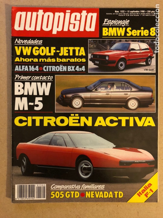 Coches: AUTOPISTA N&deg; 1522 (SEPTIEMBRE 1988). BMW SERIE8, BMW M5, VW GOLF - JETTA, ALFA 164, CITRO&Euml;N ACTIVA,.