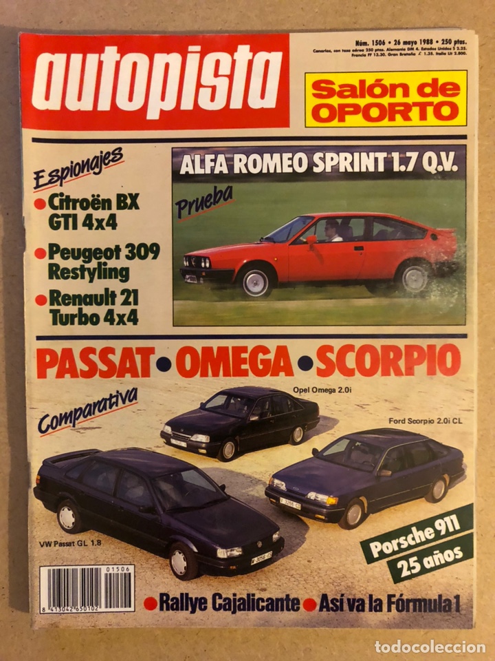 Coches: AUTOPISTA N&deg; 1506 (MAYO 1988). ALFA ROMEO SPRINT 1.7 Q.V. CITRO&Euml;N BX GTI 4x4, PASSAT - OMEGA -