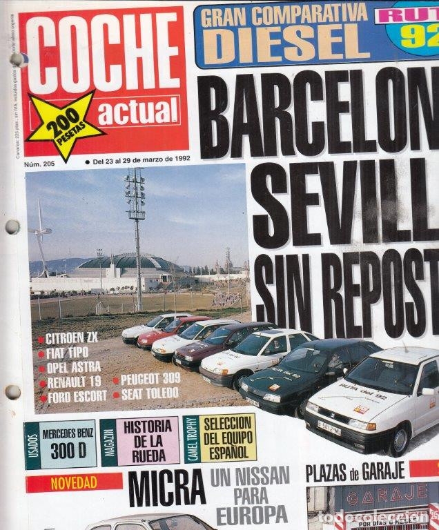 Coches: REVISTA COCHE ACTUAL N&ordm; 205 A&Ntilde;O 1992. COMP. DIESEL. SEAT TOLEDO, CITROEN ZX, FIAT TIPO, RENAULT 19,