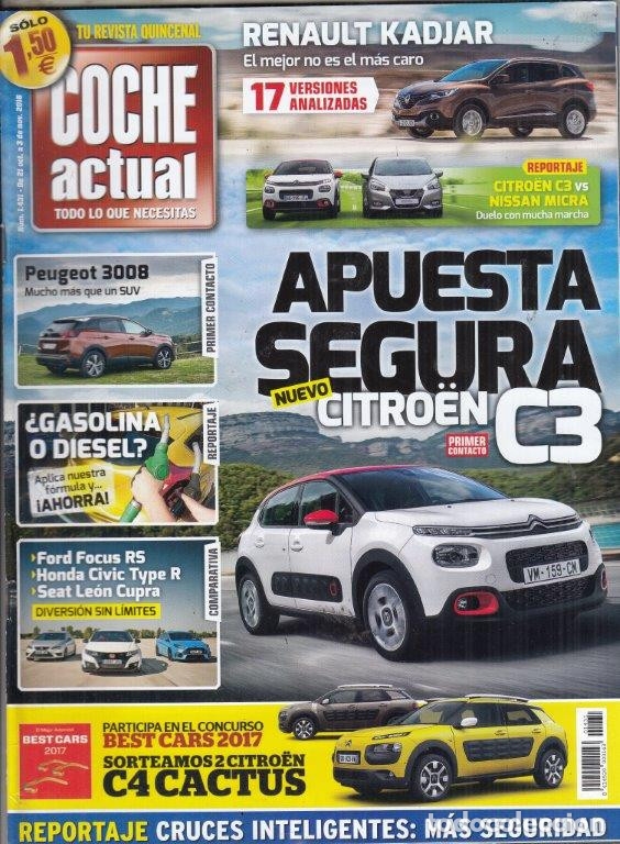 Coches: REVISTA COCHE ACTUAL N&ordm; 1431 A&Ntilde;O 2016. C:FORD FOCUS RS, HONDA CIVIC TYPE R Y SEAT LEON CUPRA DSG PP.