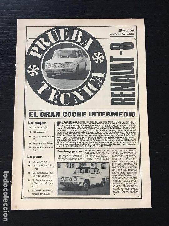 Coches: RENAULT 8 - FICHA PRUEBA TECNICA - SUPLEMENTO REVISTA VELOCIDAD - COLECCIONABLE - A&Ntilde;OS 70