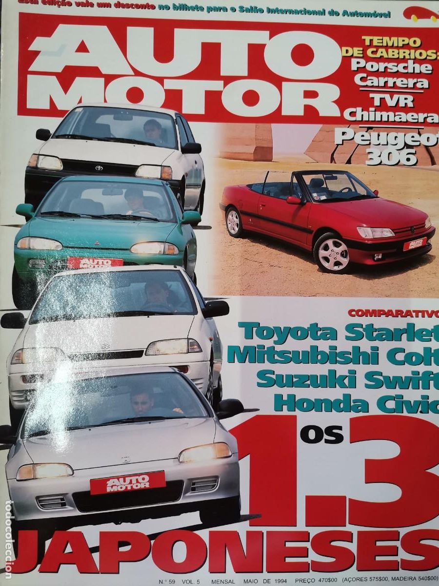 Coches: 1994 REVISTA AUTO MOTOR - 13 COCHES JAPONESES - PEUGEOT CABRIO - TVR CHIMERA . PORSCHE CARRERA