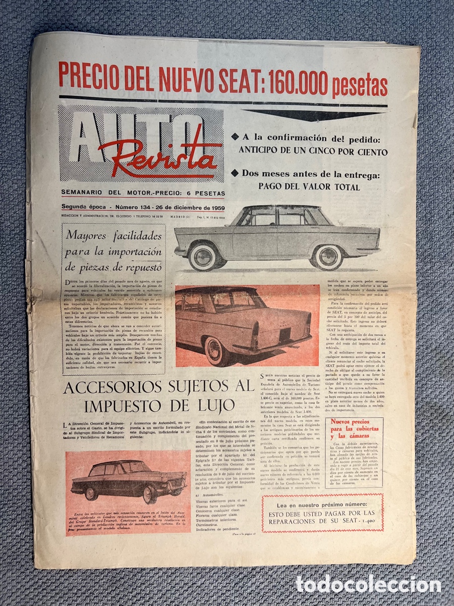 Coches: AUTO REVISTA No.134 (a.1959) Precio del Nuevo SEAT: 160.000 pesetas. Amplios reportajes