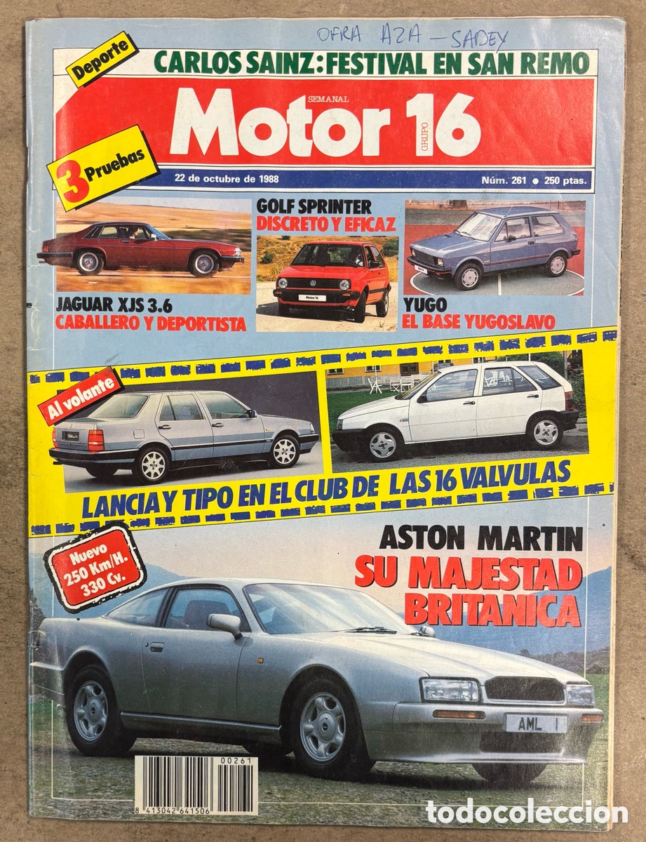 Coches: MOTOR 16 N&deg; 261 (1988). JAGUAR XJS 3.6, VOLKSWAGEN GOLF SPRINTER, YUGO, LANCIA TIPO 16V, ASTON MARTI