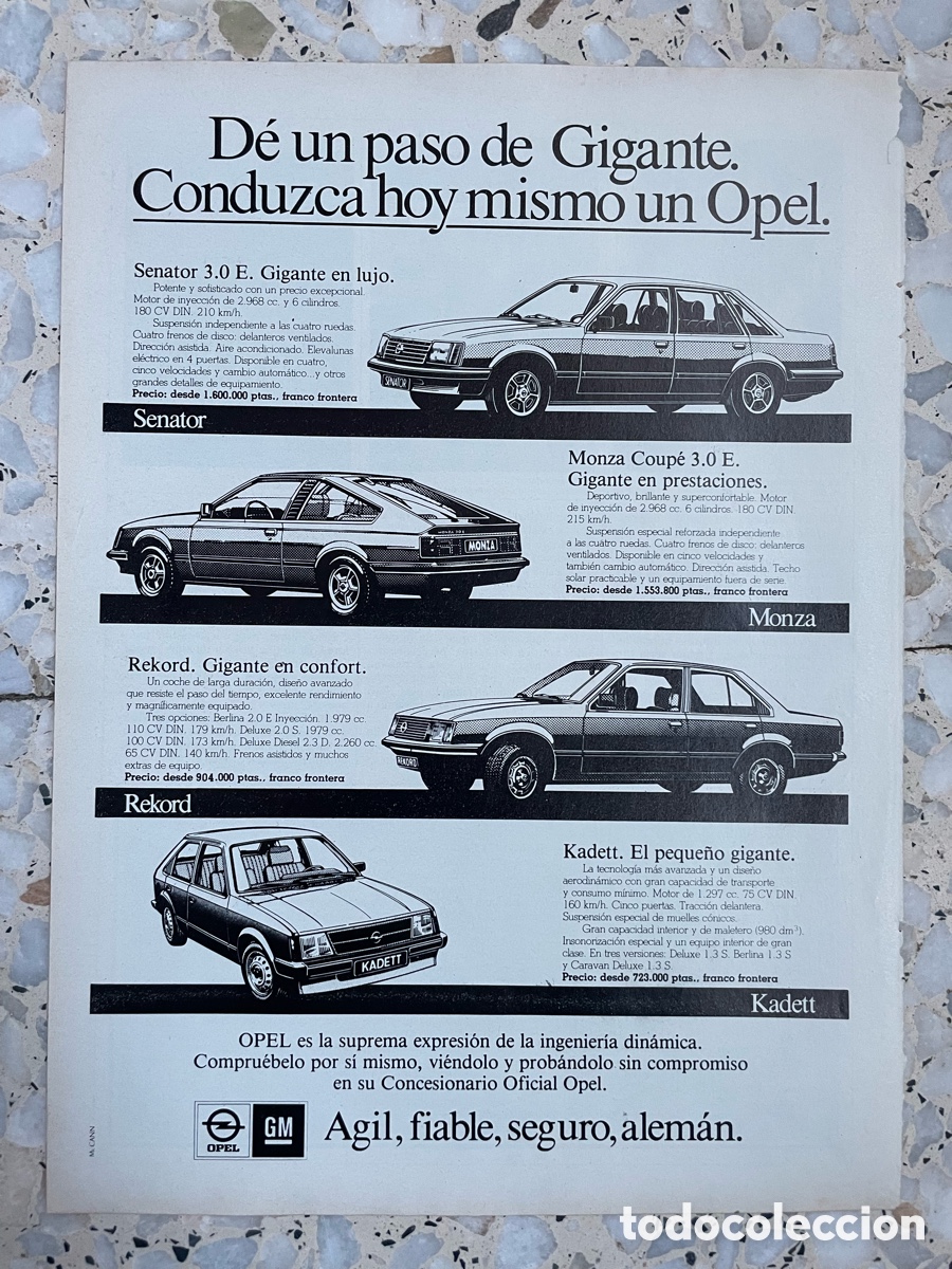 Coches: Publicidad Opel Senator,Monza,Rekord,Kadett / Hoja de revista