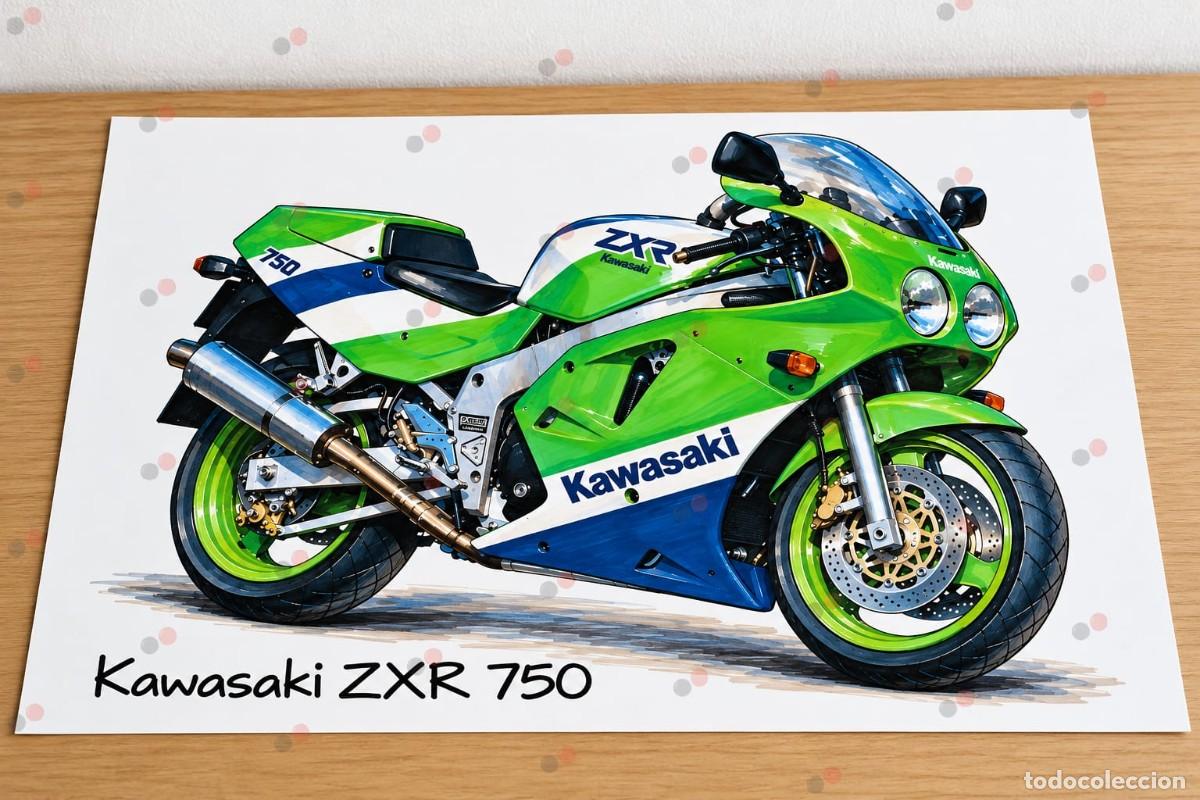 Auto: Kawasaki ZXR 750 Telef&oacute;nica cuadro dibujo p&oacute;ster colecci&oacute;n art print framed