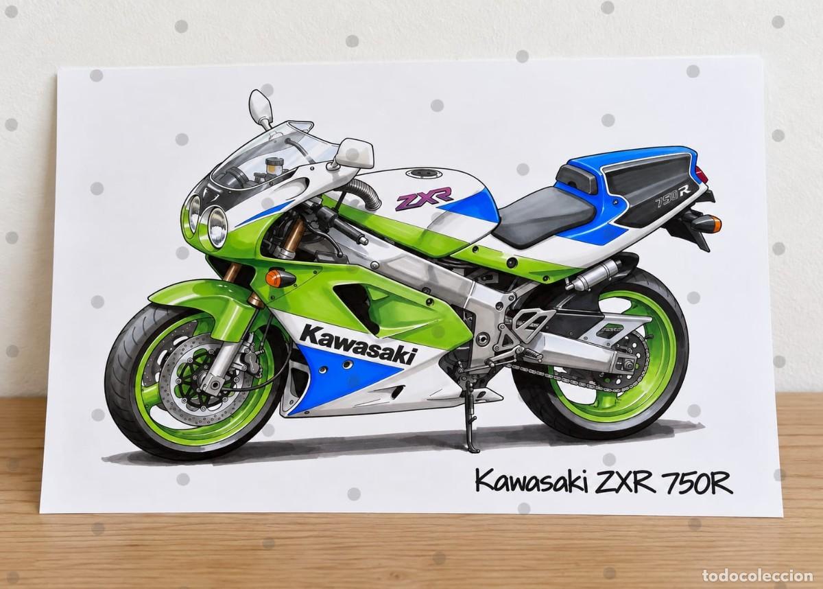 Auto: Kawasaki ZXR 750R Telef&oacute;nica cuadro dibujo p&oacute;ster colecci&oacute;n art print framed