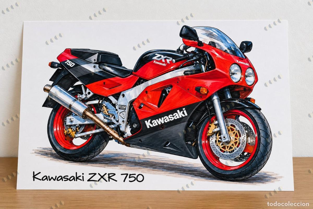 Auto: Kawasaki ZXR 750 cuadro dibujo p&oacute;ster colecci&oacute;n art print framed