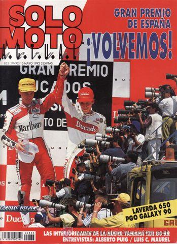 Autos und Motorr&auml;der: REVISTA SOLO MOTO ACTUAL N&ordm; 833 A&Ntilde;O 1992. PRU: LAERDA 650. YAMANA TZR 80. PGO GALAXY 90.
