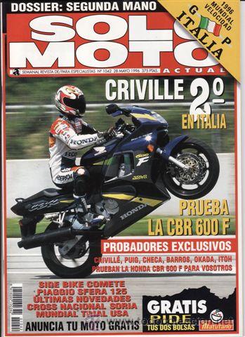 Voitures et Motocyclettes: REVISTA SOLO MOTO ACTUAL N&ordm; 1042 A&Ntilde;O 1996. PRUEBA: HONDA CBR 500. REPORTAJES Y DEPORTE PREGUNTAR.