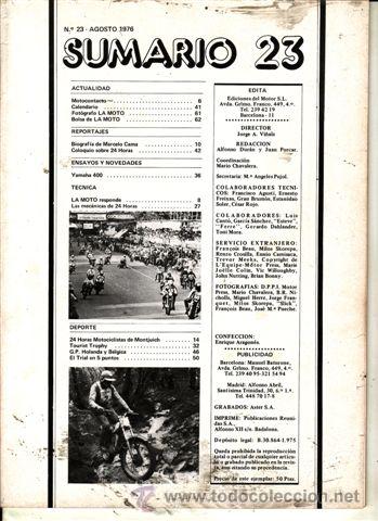 Cars and Motorcycles: REVISTA LA MOTO F&Oacute;RMULA N&ordm; 23 A&Ntilde;O 1975. PRUEBA: YAMAHA 400. (SIN PORTADA)