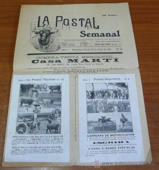 Carros e motociclos: REVISTA TOROS-DEPORTES-TEATRO. LA POSTAL SEMANAL, A&Ntilde;O 1, N.&ordm; 19. CON DOS POSTALES. 1913.