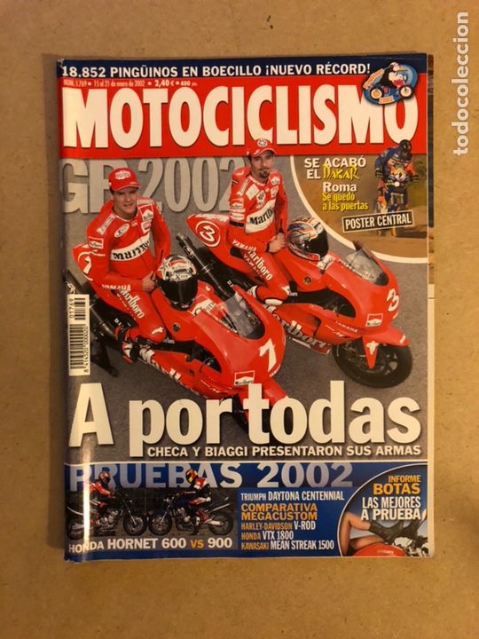 Cars and Motorcycles: MOTOCICLISMO N&deg; 1769 (2002). POSTER NANI ROMA (PARIS DAKAR), CHECA Y BIAGGI, HONDA HORNET 600 Vs 900