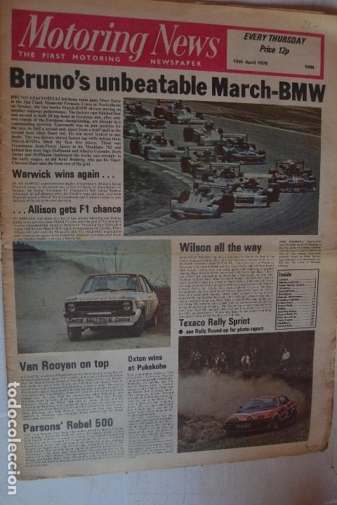 Automobili e Motociclette: 13 AVRIL 1978 PERI&Oacute;DICO MOTORING NEWS -13 APRIL 1978 MOTORING NEWS NEWSPAPER - F1 - RALLYE