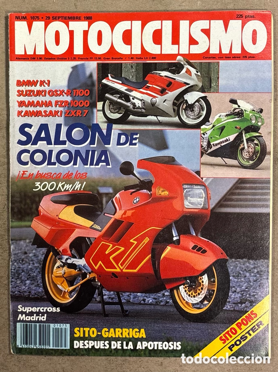 Coches y Motocicletas: MOTOCICLISMO N&deg; 1075 (1988). BMW K-1, SUZUKI GSX-R 1100, YAMAHA FZR 1000, POSTER SITO PONS,&hellip;