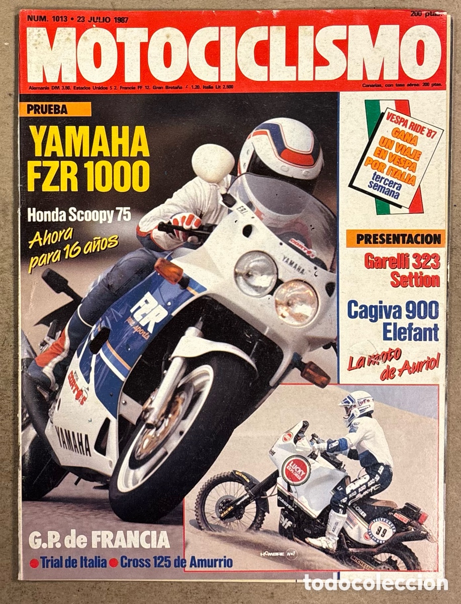 Coches y Motocicletas: MOTOCICLISMO N&deg; 1013 (1987). YAMAHA FZR 1000, GARELLI 323 SETTION, CAGIVA 900 ELEFANT, HONDA SCOOPY