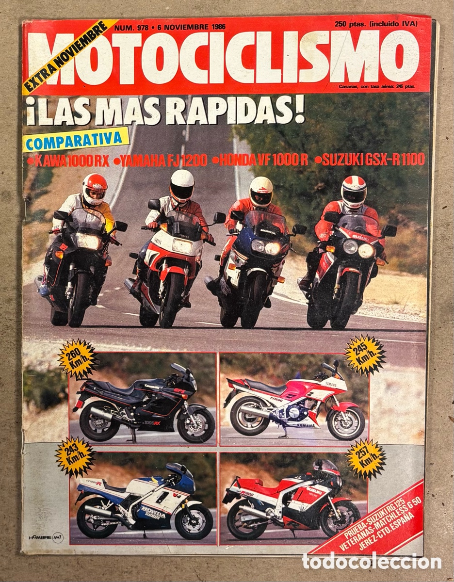 Coches y Motocicletas: MOTOCICLISMO N&deg; 978 (1986). COMPARATIVA: KAWASAKI 1000 RX Vs YAMAHA FJ 1200, HONDA VF 1000 R Vs SUZU