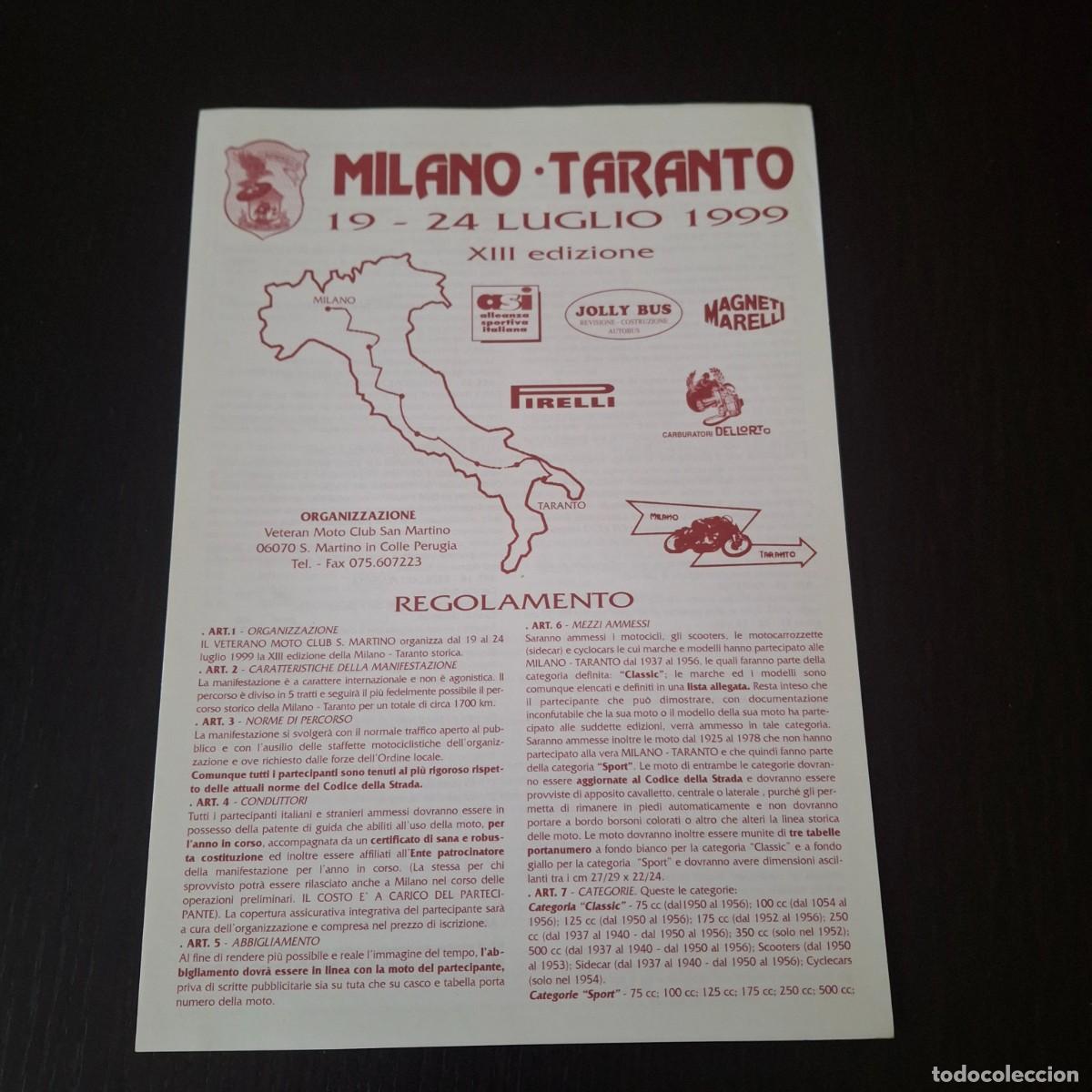 Coches y motocicletas: MILANO TARANTO 1999 - REGLAMENTO NO PROGRAMA RALLY RALLYE MOTO CLASICA MOTOS DE EPOCA - ITALIA