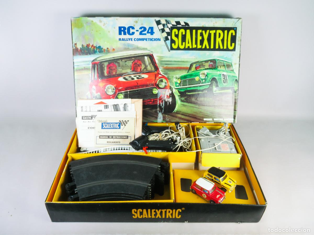 Scalextric: Caja Scalextric Exin RC 24 2 Mini Cooper amarillo y rojo Rallye competición muy completa
