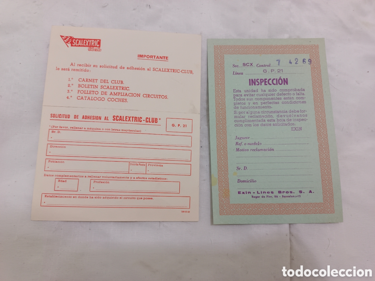 Scalextric: Tarjeta de inspeccion y solicitud de adhesion club scalextric gp 22 exin