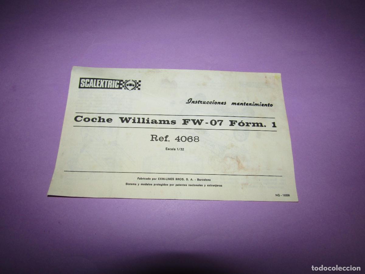 Scalextric: Antiguo Manual de Instrucciones y Mantenimiento del WILLIAMS FW-07 Ref. 4068 de SCALEXTRIC EXIN