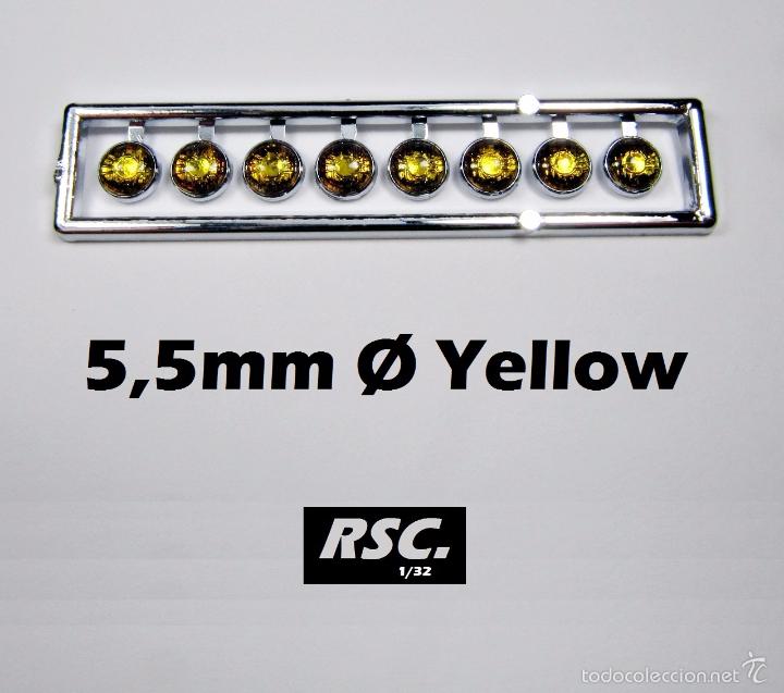 Scalextric: 8 FAROS AMARILLOS 5,5 MM GRABADOS CON ARO CROMADO - 1/32 1/24 KIT RESINA LIGHTS LENSES