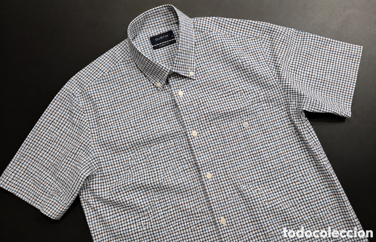 Segunda M&atilde;o: Dustin camisa hombre manga corta Classic Fit talla M cuadros azules marrones 100% algod&oacute;n