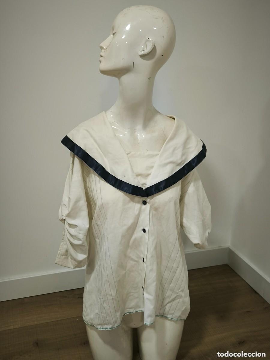 D'Occasion: Blusa Camisa Vintage Cuello Marinero Blanco Y Azul Marino &ndash; Estilo Sailor Retro &ndash; Talla M