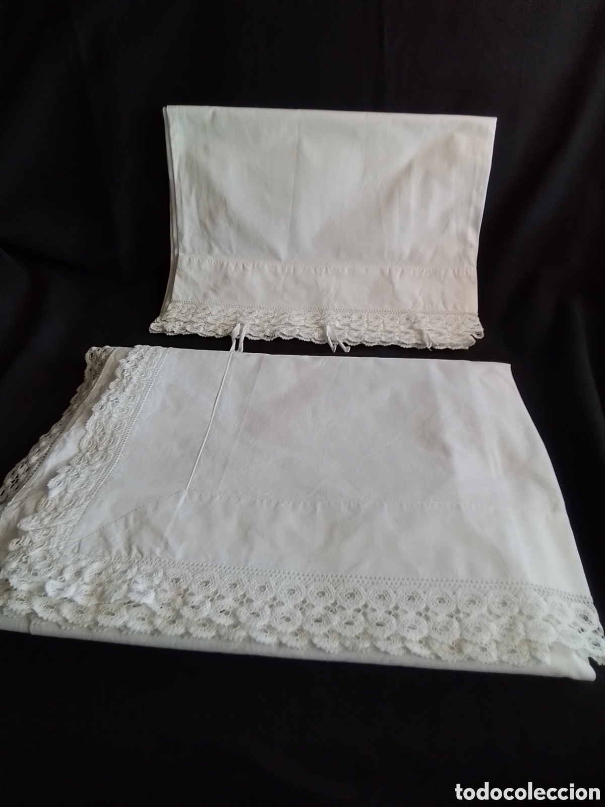 Segunda mano: Juego de cama antiguo de algod&oacute;n 100x100 con encaje