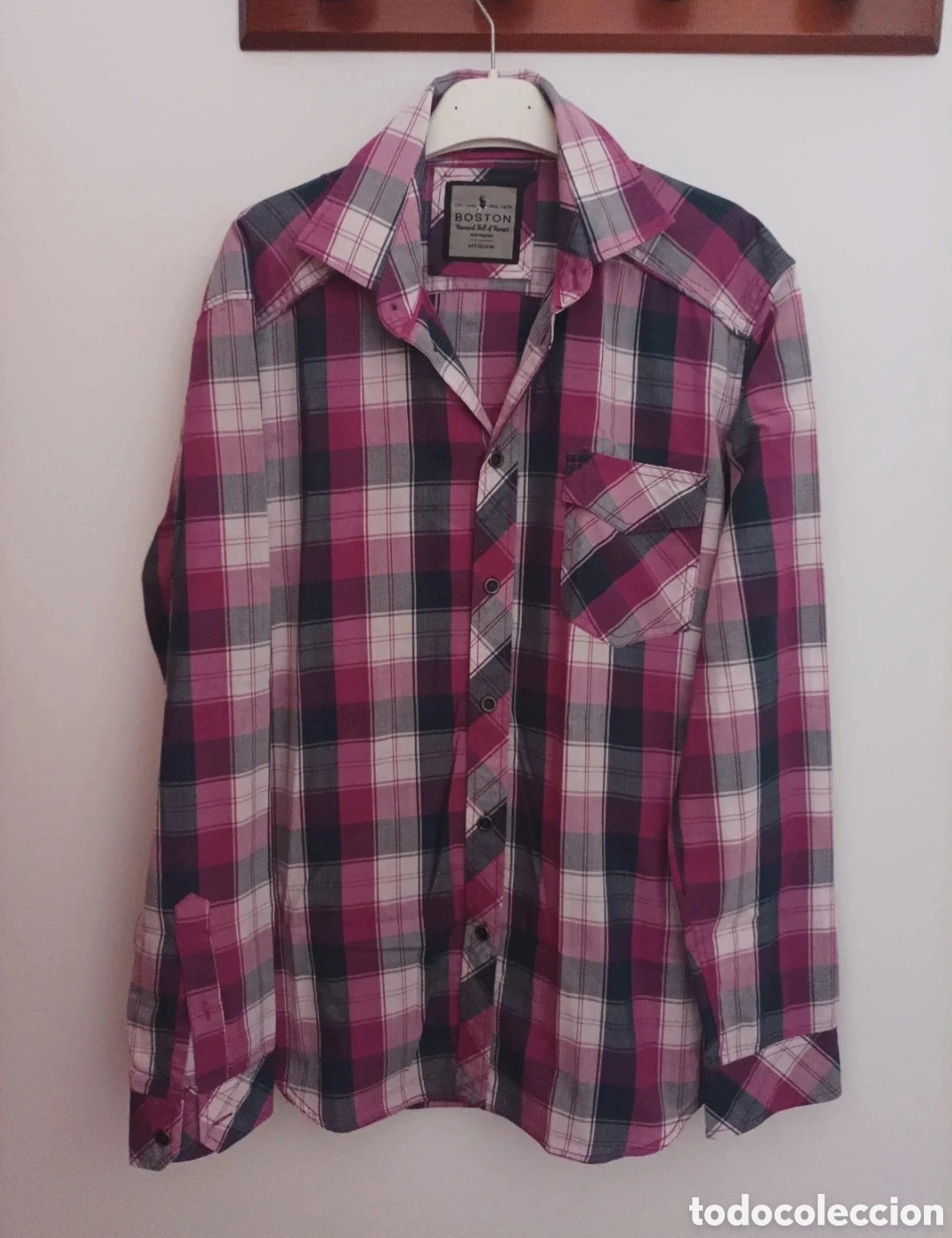 Segunda mano: Camisa Cuadros Hombre Morada Boston Talla M Manga Larga Casual