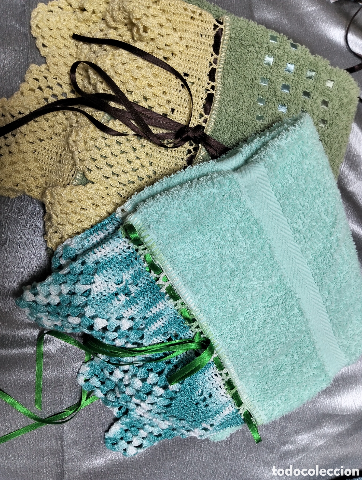 Seconda Mano: Lote 2 toallas de algod&oacute;n con ganchillo hecho a mano &ndash; Tama&ntilde;o aprox. 90 cm &ndash; Lavadas sin uso vintage