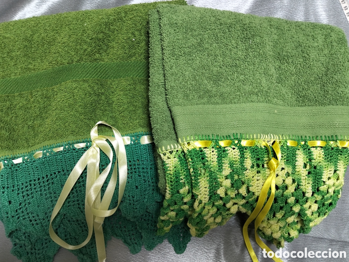 Seconda Mano: Toalla verde de algod&oacute;n con ganchillo hecho a mano &ndash; Tama&ntilde;o aprox. 90 cm &ndash; Lavada sin uso vintage