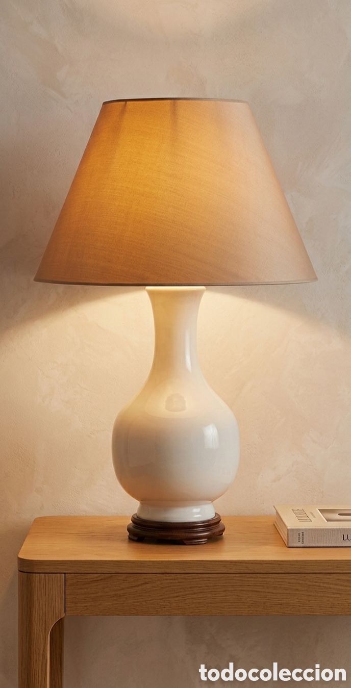 Segunda Mano: Pareja de L&aacute;mparas de Gran Formato (81 cm) - Cer&aacute;mica Blanca y Madera Noble - Estilo Lujoso
