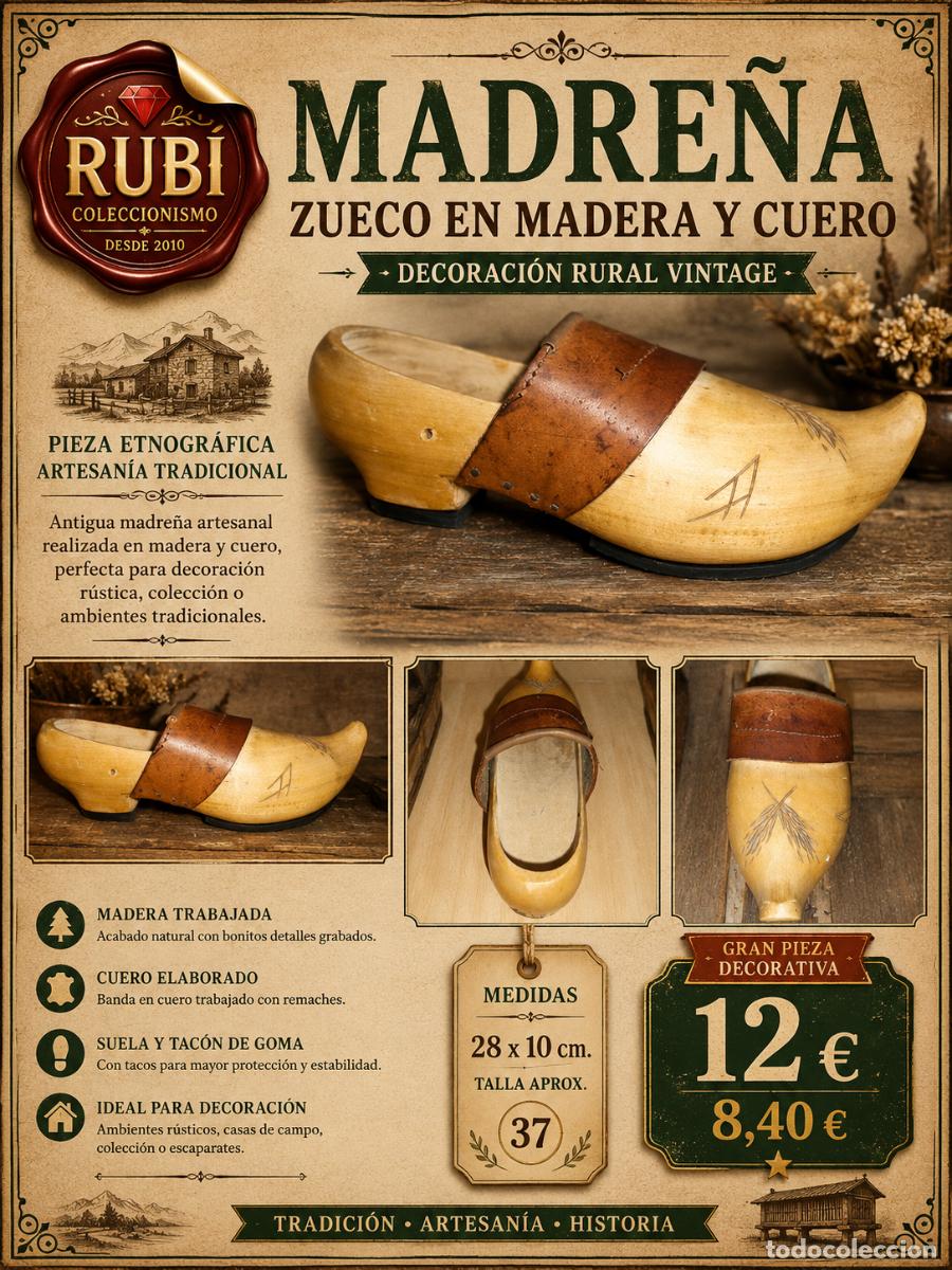 Segunda Mano: MADRE&Ntilde;A ASTURIANA | ZUECO ANTIGUO EN MADERA Y CUERO | DECORACI&Oacute;N RURAL VINTAGE