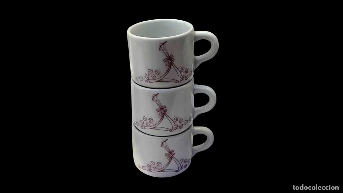 Seconda Mano: LOTE 3 TAZAS DE PORCELANA - SOMBRILLA Y FLORES - DECORACI&Oacute;N EN MALVA - APILABLES - VINTAGE 70/80