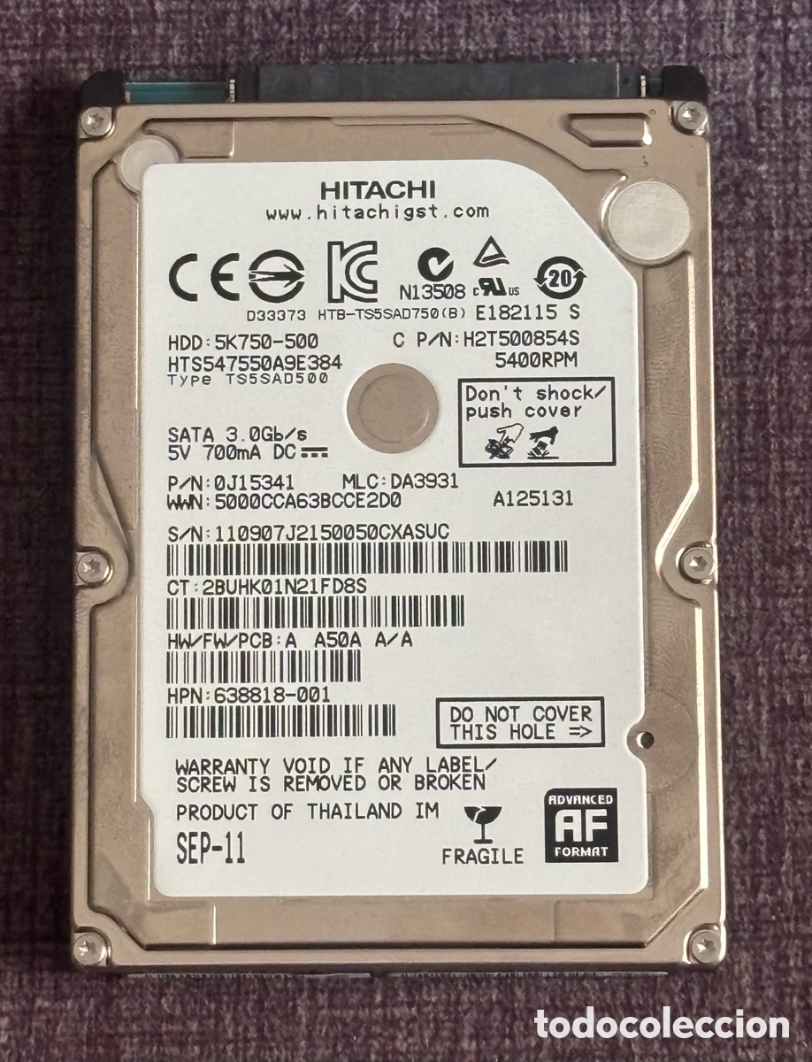 Segunda Mano: Disco Duro 500GB 2.5&rdquo; Hitachi HTS547550A9E384 SATA Laptop HP HPN 638818-001