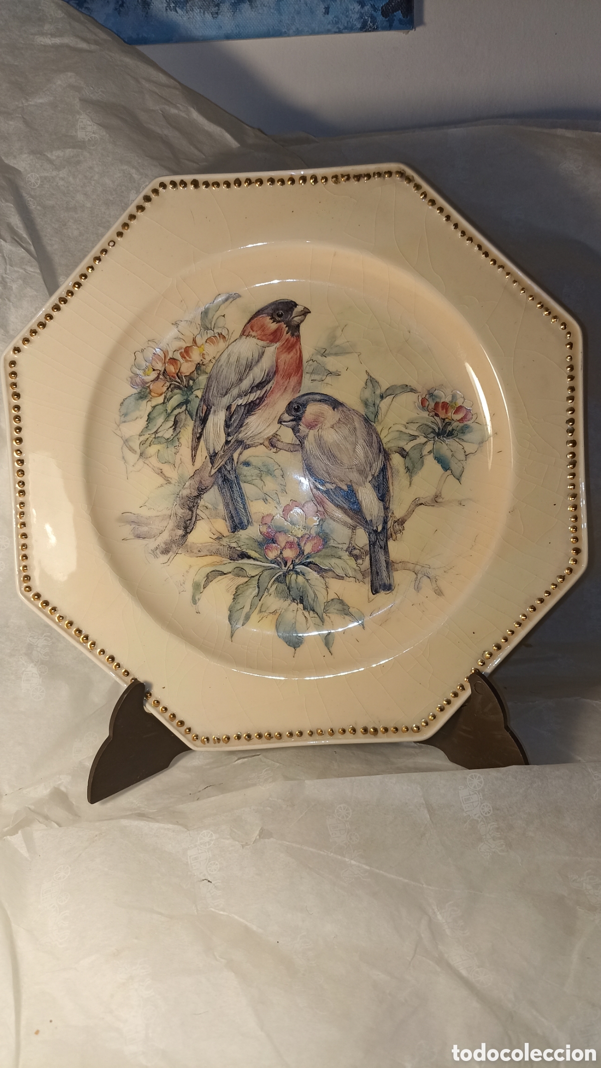 Segunda Mano: Plato Octogonal Vintage - Decoraci&oacute;n P&aacute;jaros (Estilo Rom&aacute;ntico/R&uacute;stico)26 cm
