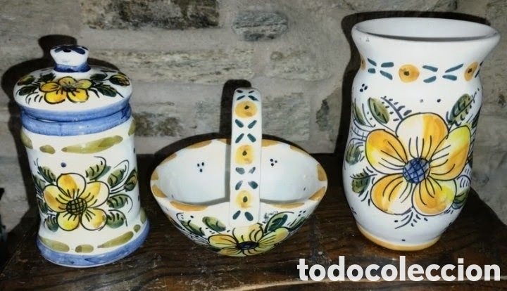 D'Occasion: JUEGO DE TRES PIEZAS DE COCINA DE CER&Aacute;MICA ARTESANAL PINTADA A MANO a&ntilde;os 80 EN BUEN ESTADO ver fotos