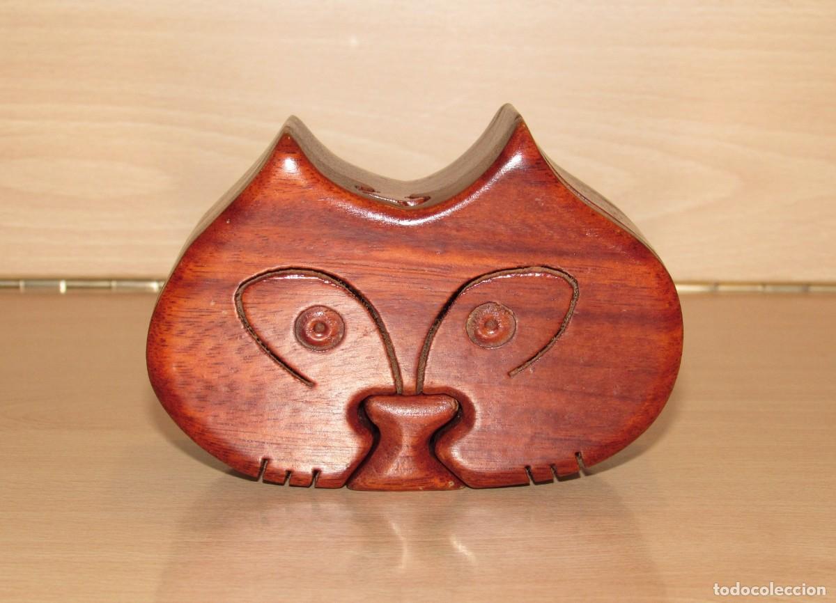 Segunda mano: Caja secreta joyero cabeza de gato gatito puzzle puzle rompecabezas madera tallada artesanal