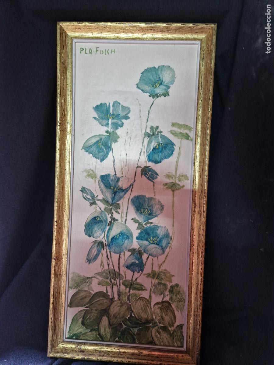 Segunda mano: BONITO CUADRO. DISE&Ntilde;O DE FLORES. AZUL. MEDIDA 28*58CM