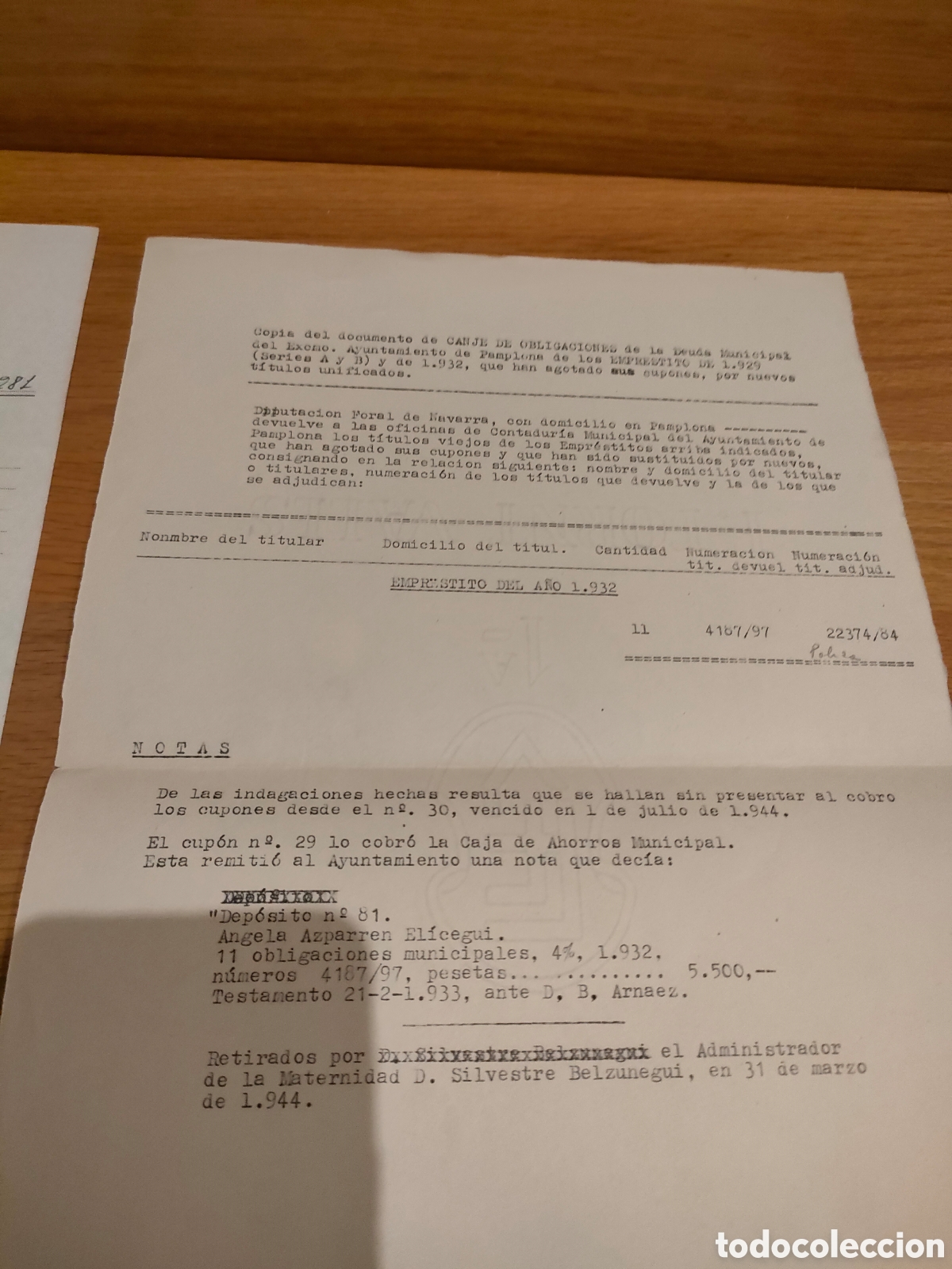 Segunda mano: CUPONES OBLIGACIONES AYUNTAMIENTO DE PAMPLONA
