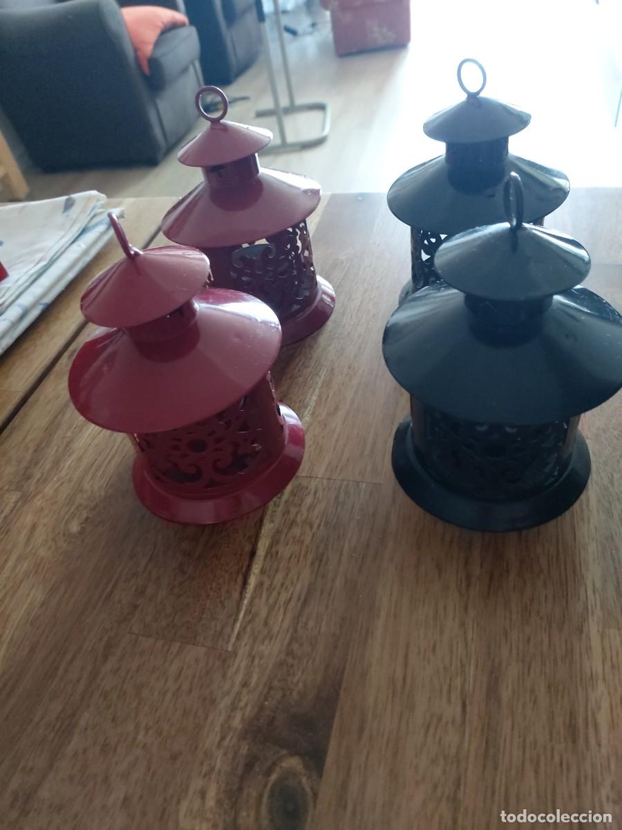 Segunda mano: Juego de 4 farolillos portavelas orientales de metal (2 negros y 2 rojos)