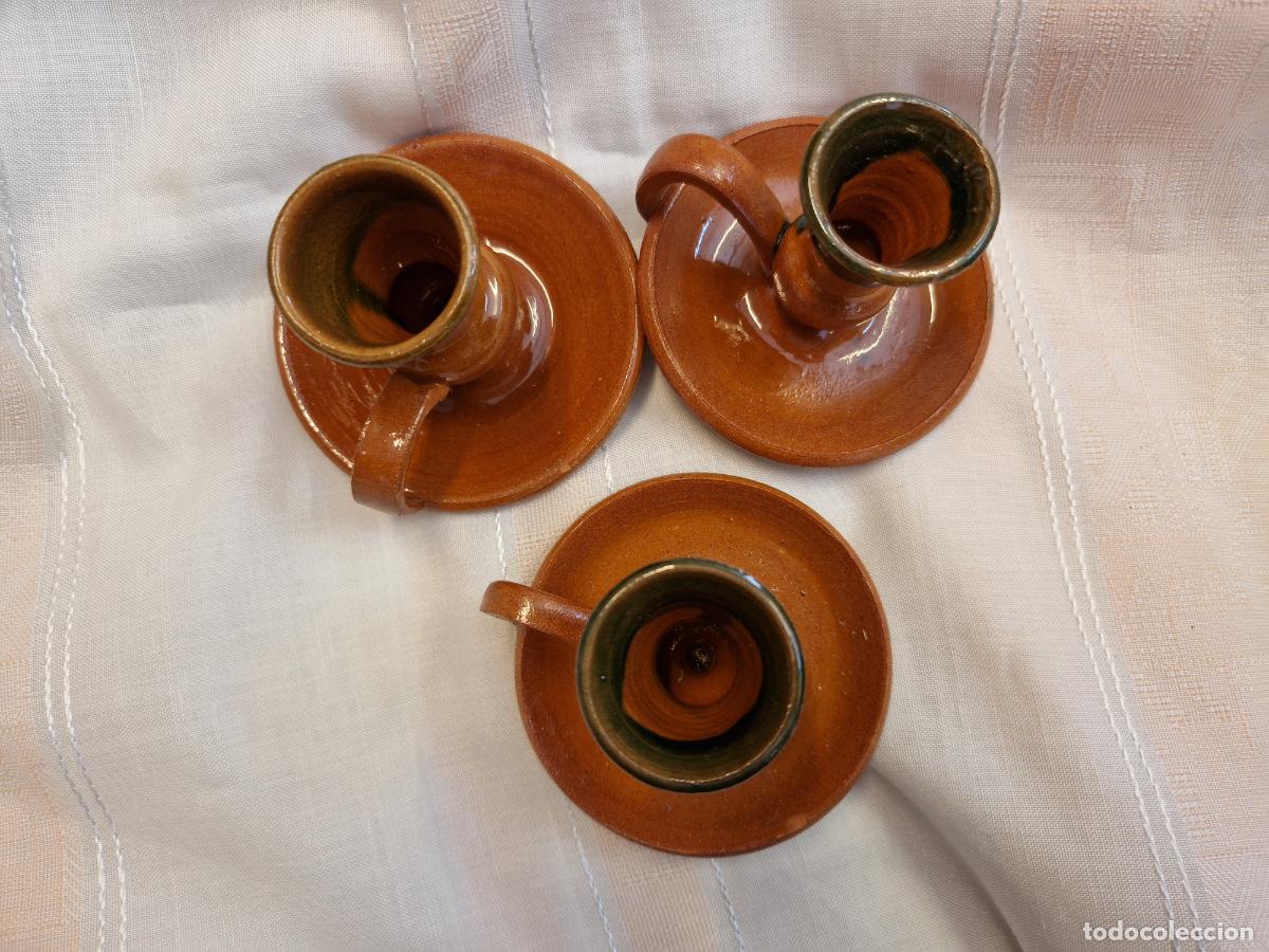 Segunda mano: 3 BONITOS CANDELAUBROS EN CERAMICA DE BARRO.