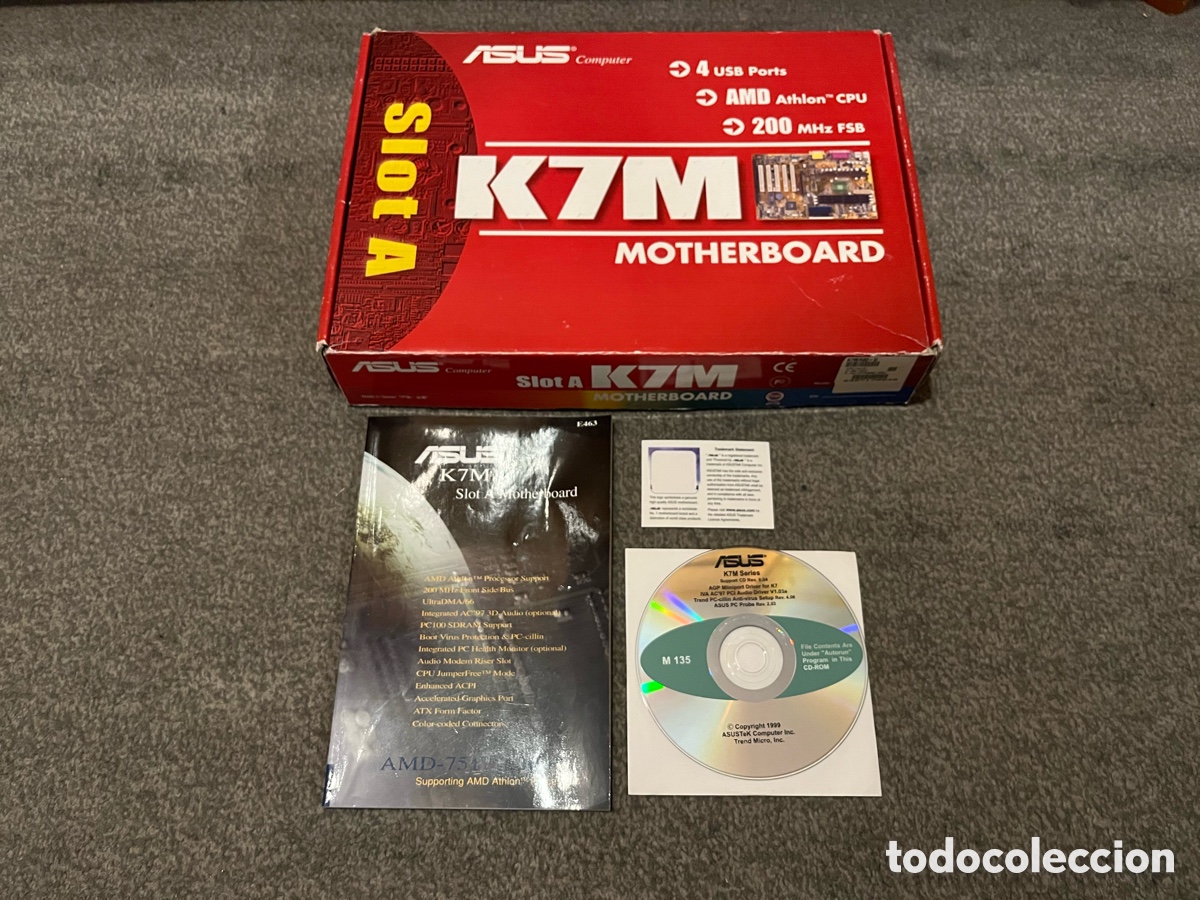Segunda mano: Manual de instalaci&oacute;n placa base ASUS K7M Motherboard Slot A + CD-ROM M135 + caja