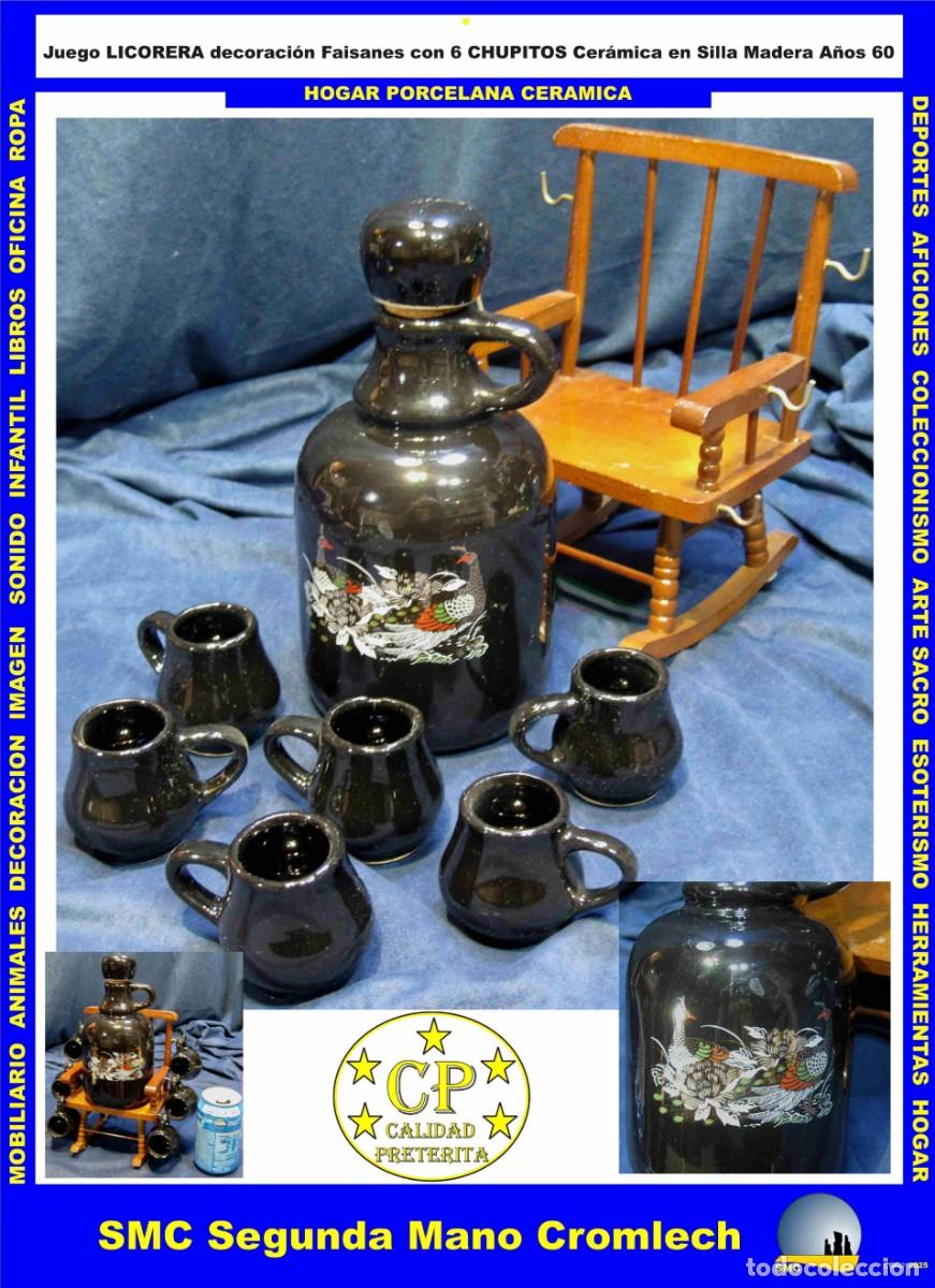 Segunda mano: Juego LICORERA Decoraci&oacute;n Faisanes con 6 CHUPITOS en Cer&aacute;mica Negra, en SILLA de Madera. A&ntilde;os 60