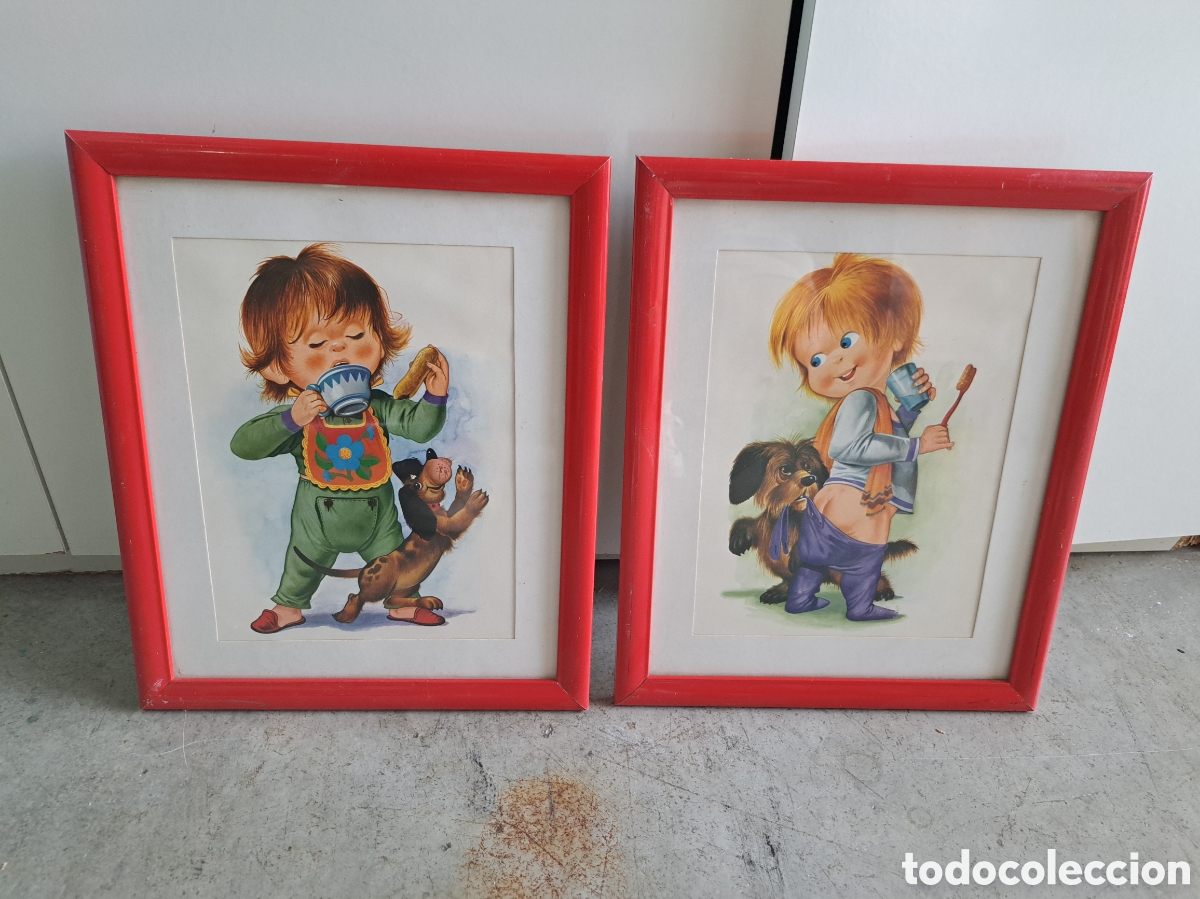 Segunda mano: Jml Lote conjunto pareja 2 cuadros infantiles todocuadro. A&ntilde;os 1990.