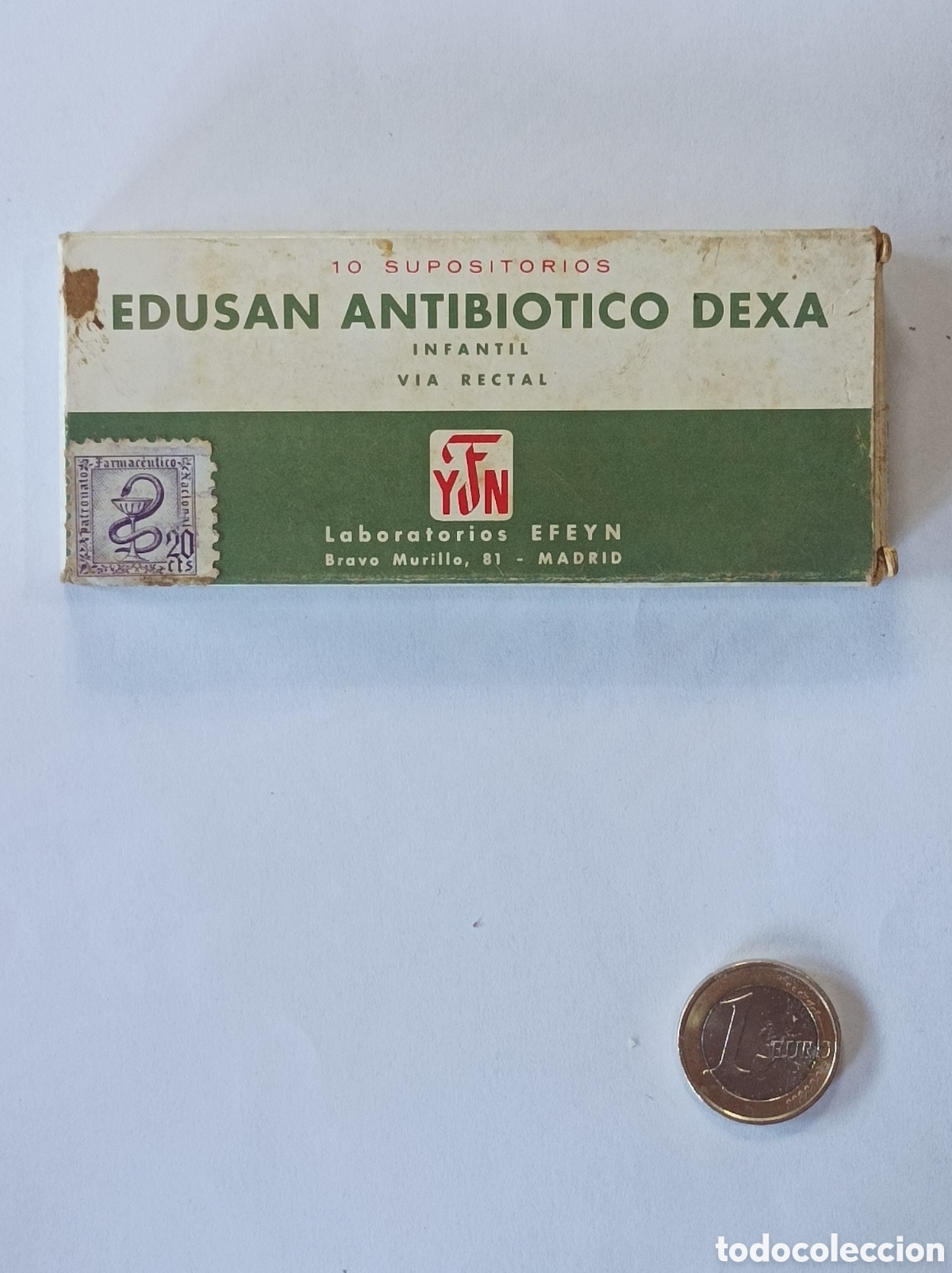Segunda mano: EDUSAN ANTIBI&Oacute;TICO DEXA. VACIA. LABORATORIOS EFEYN. MEDICAMENTO ANTIGUO.